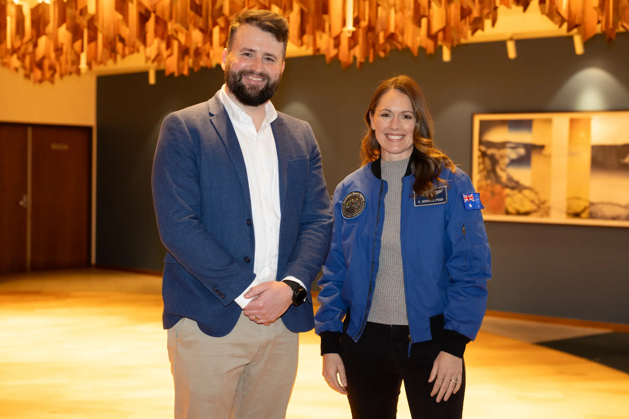 Australian Antarctic Division Deputy Chief Medical Officer and Senior Lecturer in Space Medicine at the University of Tasmania, Dr John Cherry, with 2026 Australian of the Year, Katherine Bennell-Pegg, at the Humans in Space Course in Hobart. Copyright Jo Hanuszewicz (UTAS).
