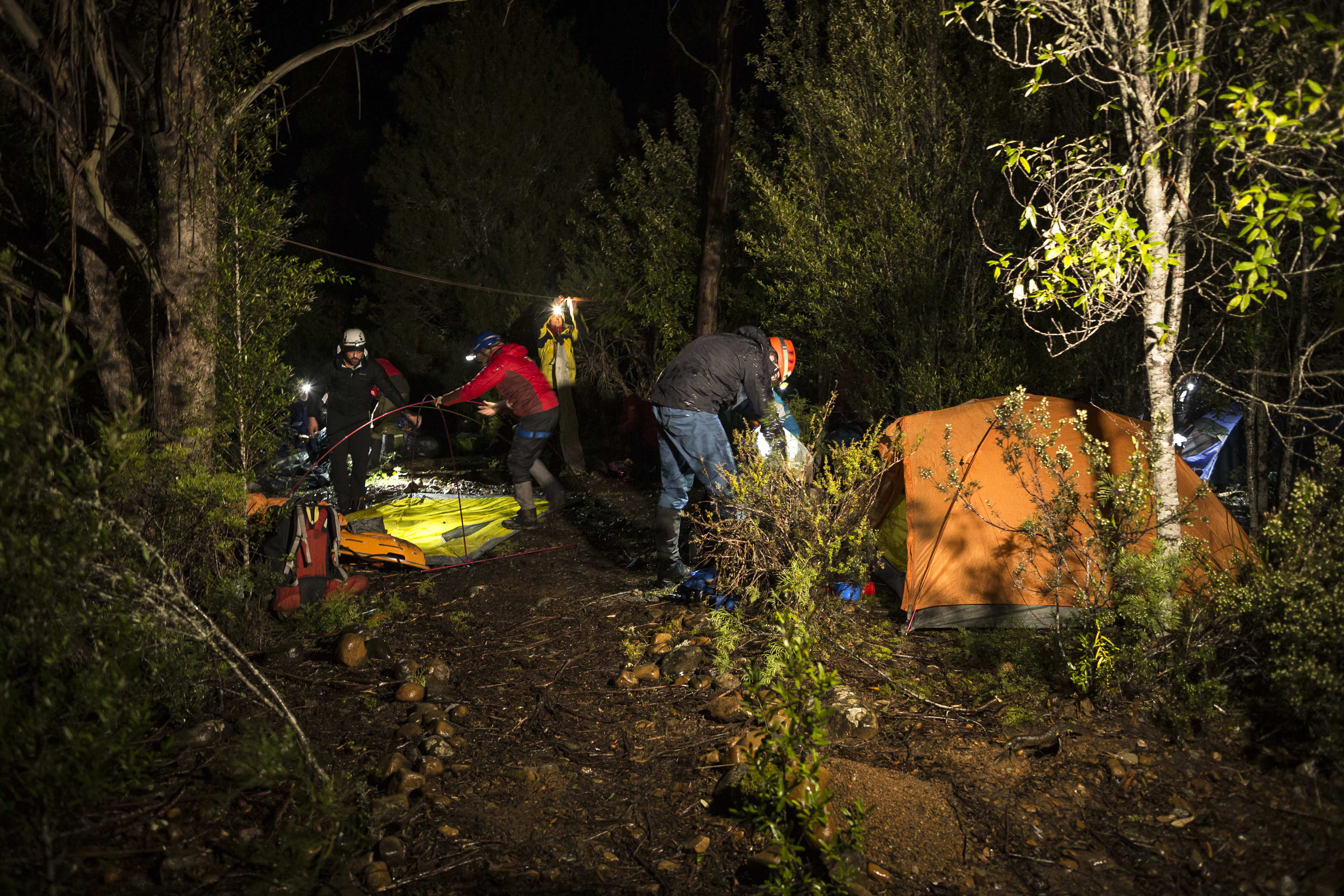 Expedition basecamp being setup before heading up the “mountain”. University of Tasmania expedition medicine course, participants carry out an emergency rescue in a high altitude scenario. Photo: Heath Holden.